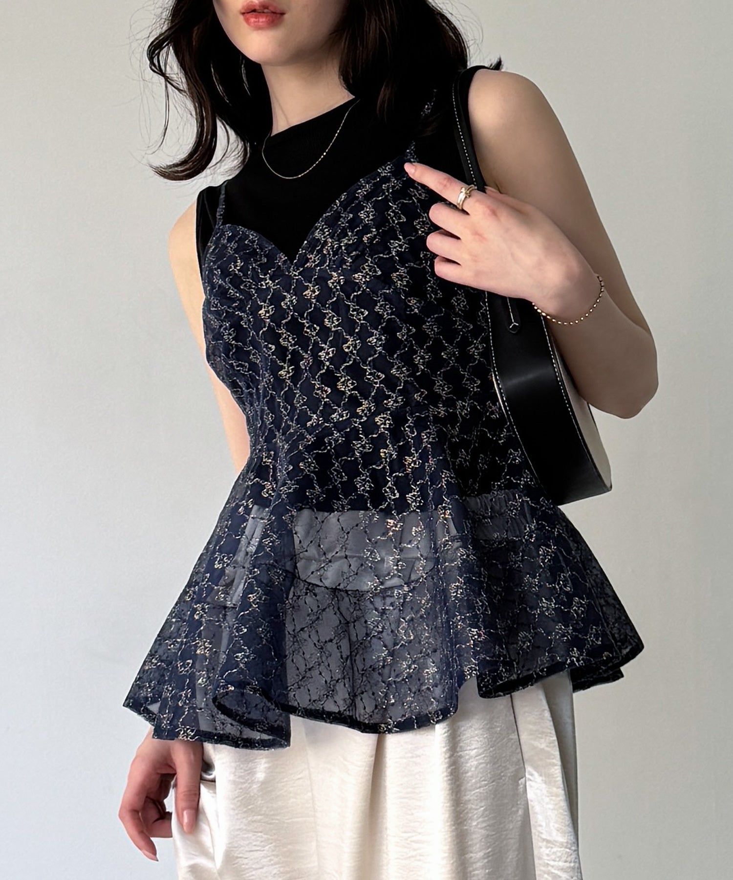 ジュノア JUNOAH ラメ刺繍チュールキャミビスチェ （ネイビー） ネイビー