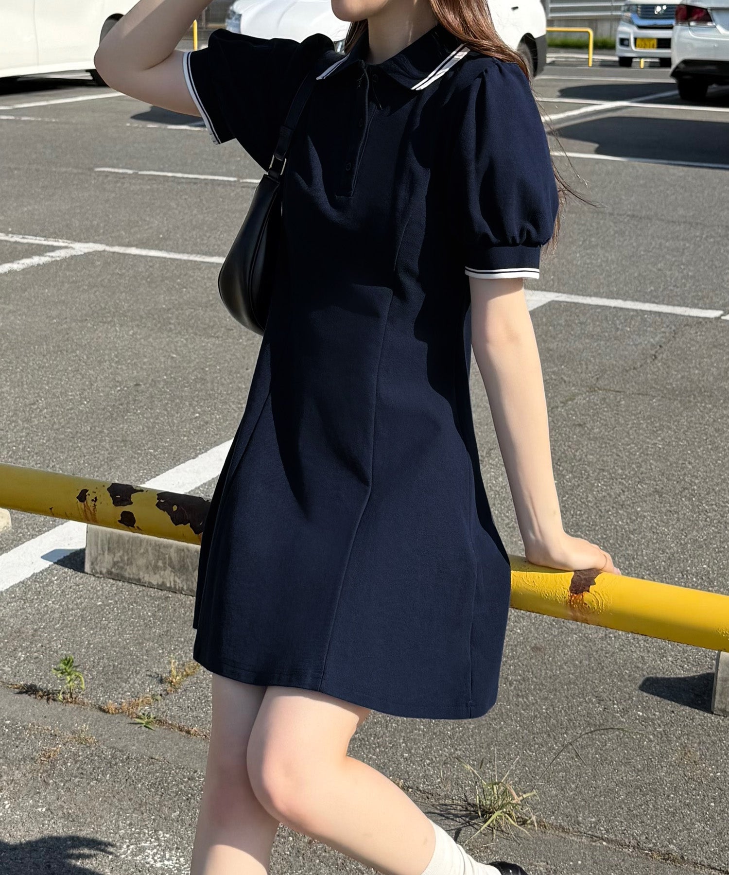 ジュノア JUNOAH 配色パフスリーブミニポロワンピース （ネイビー） ネイビー
