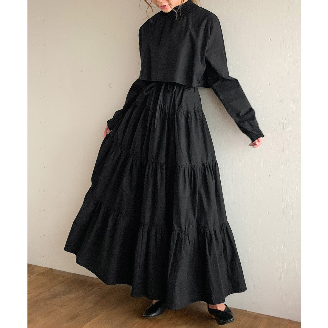 ジュノア JUNOAH セットアップ風長袖ティアードロングワンピース