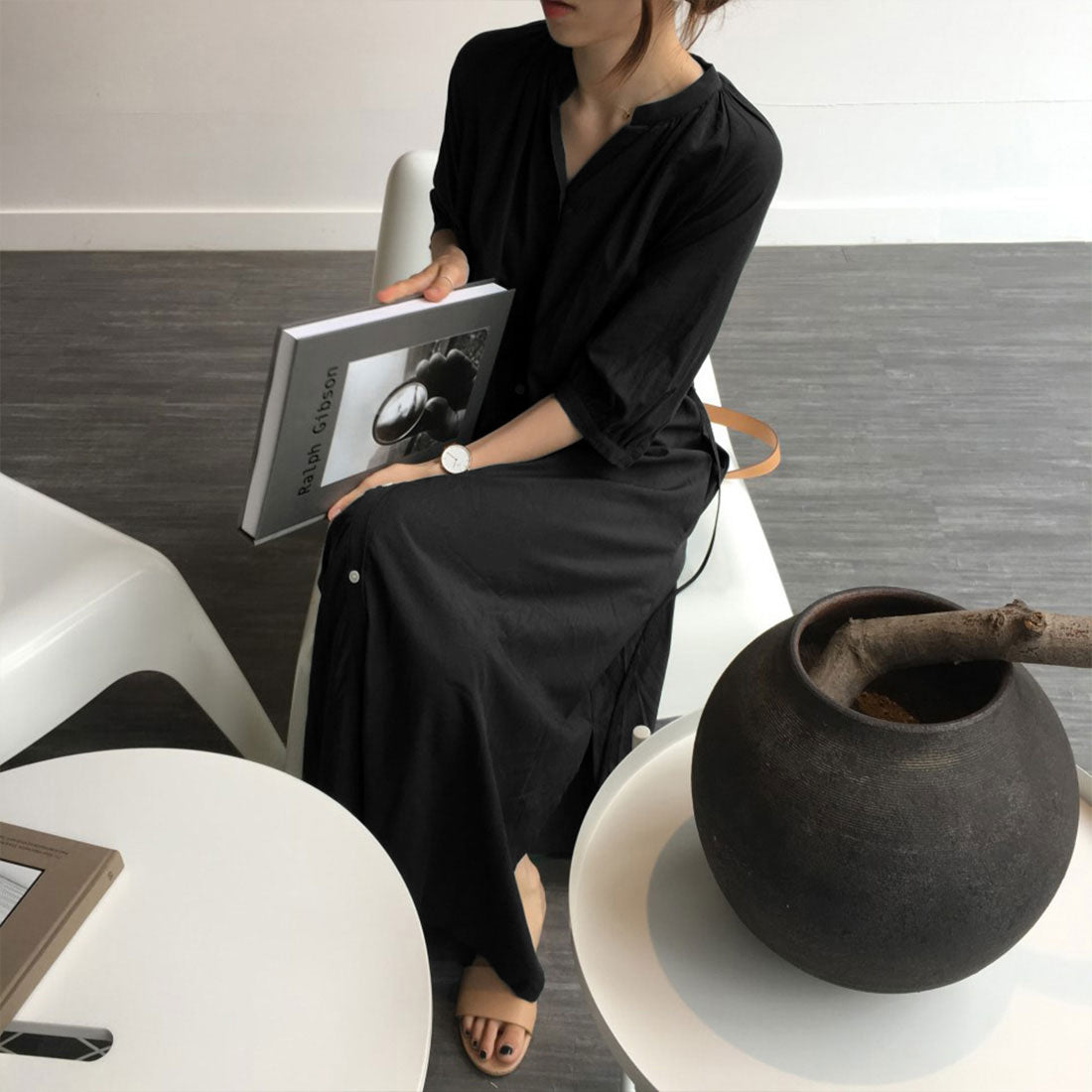 ジュノア JUNOAH スタンドカラーマキシ丈シャツワンピース 韓国ファッション （ブラック） ブラック