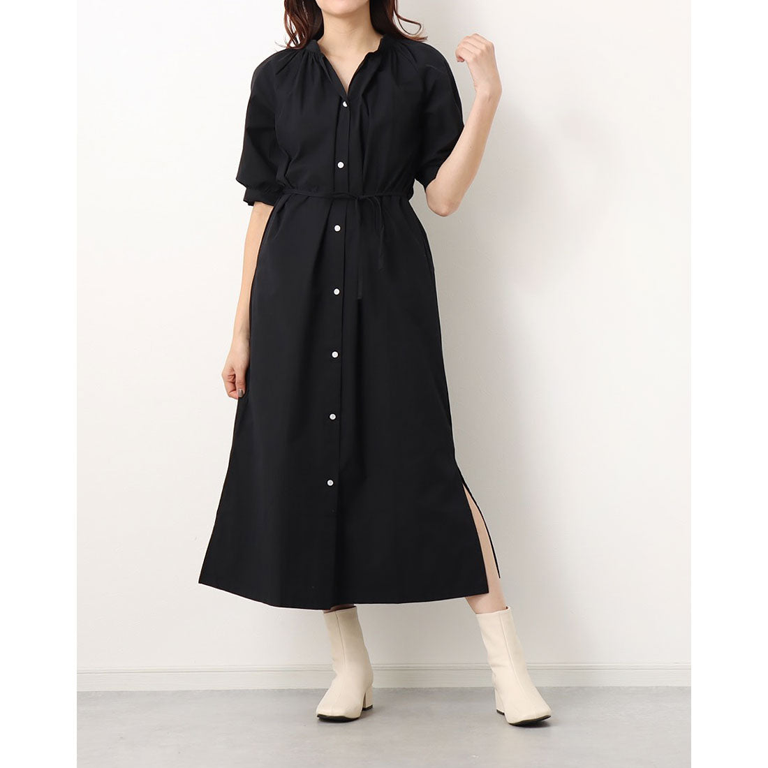ジュノア JUNOAH スタンドカラーマキシ丈シャツワンピース 韓国ファッション （ブラック） ブラック