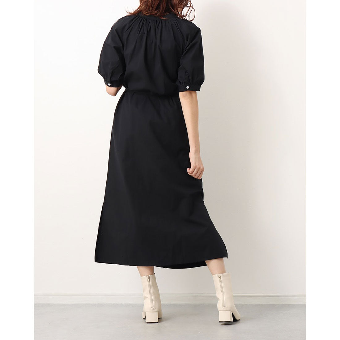 ジュノア JUNOAH スタンドカラーマキシ丈シャツワンピース 韓国ファッション （ブラック） ブラック