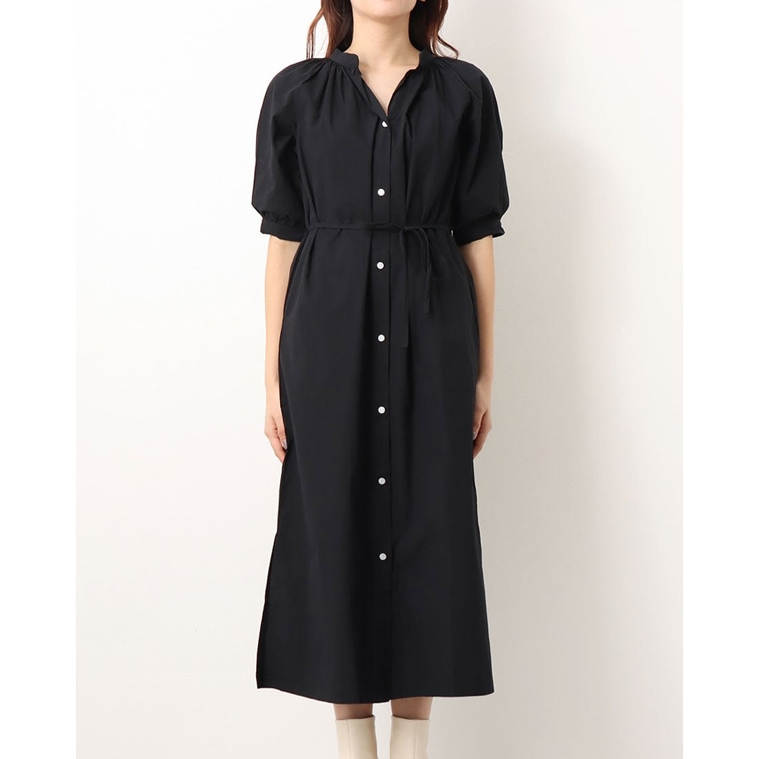 ジュノア JUNOAH スタンドカラーマキシ丈シャツワンピース 韓国ファッション （ブラック） ブラック