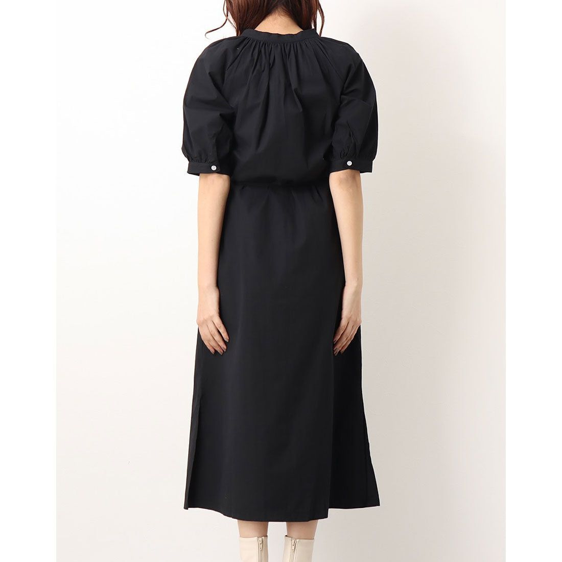 ジュノア JUNOAH スタンドカラーマキシ丈シャツワンピース 韓国ファッション （ブラック） ブラック