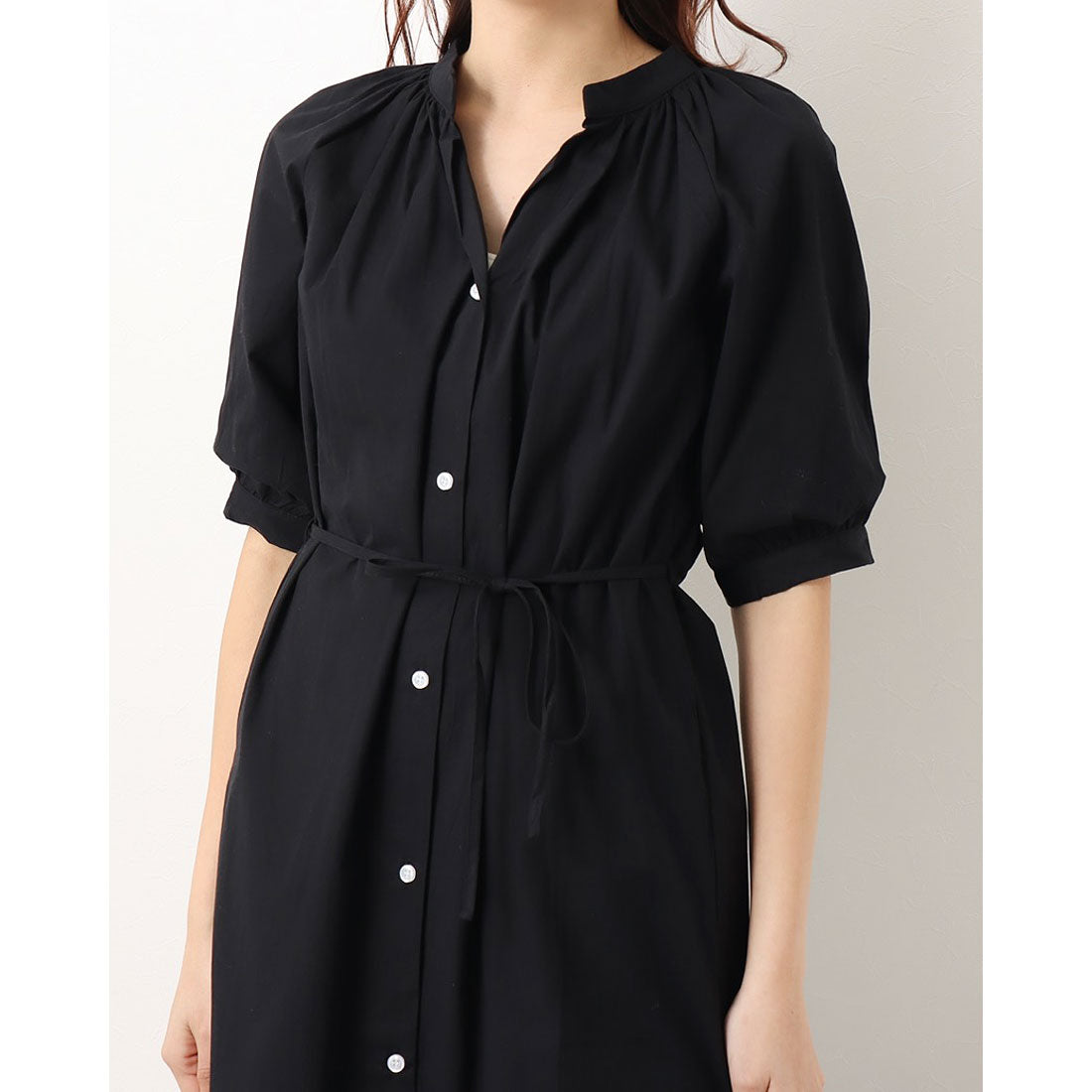 ジュノア JUNOAH スタンドカラーマキシ丈シャツワンピース 韓国ファッション （ブラック） ブラック