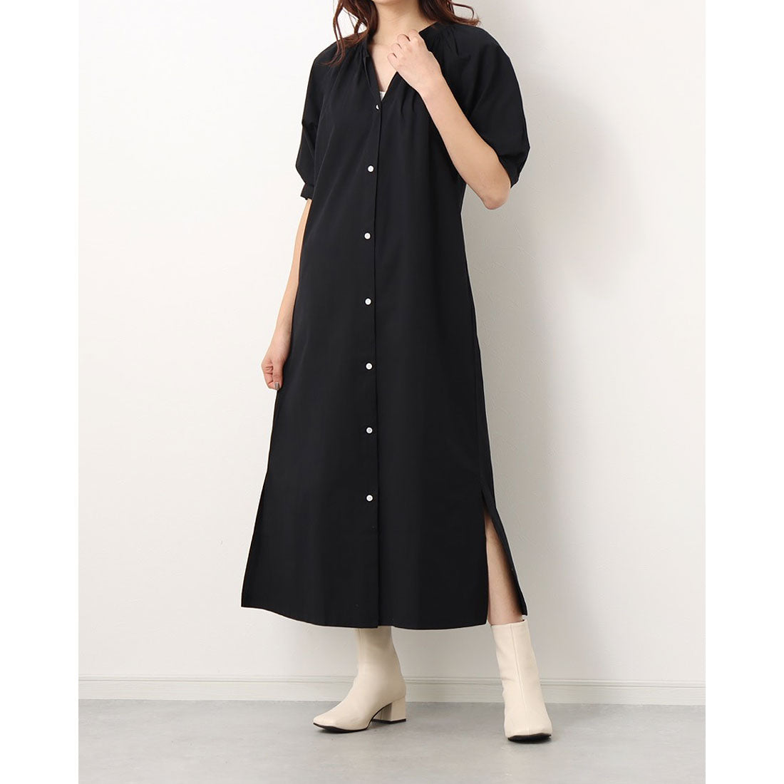 ジュノア JUNOAH スタンドカラーマキシ丈シャツワンピース 韓国ファッション （ブラック） ブラック
