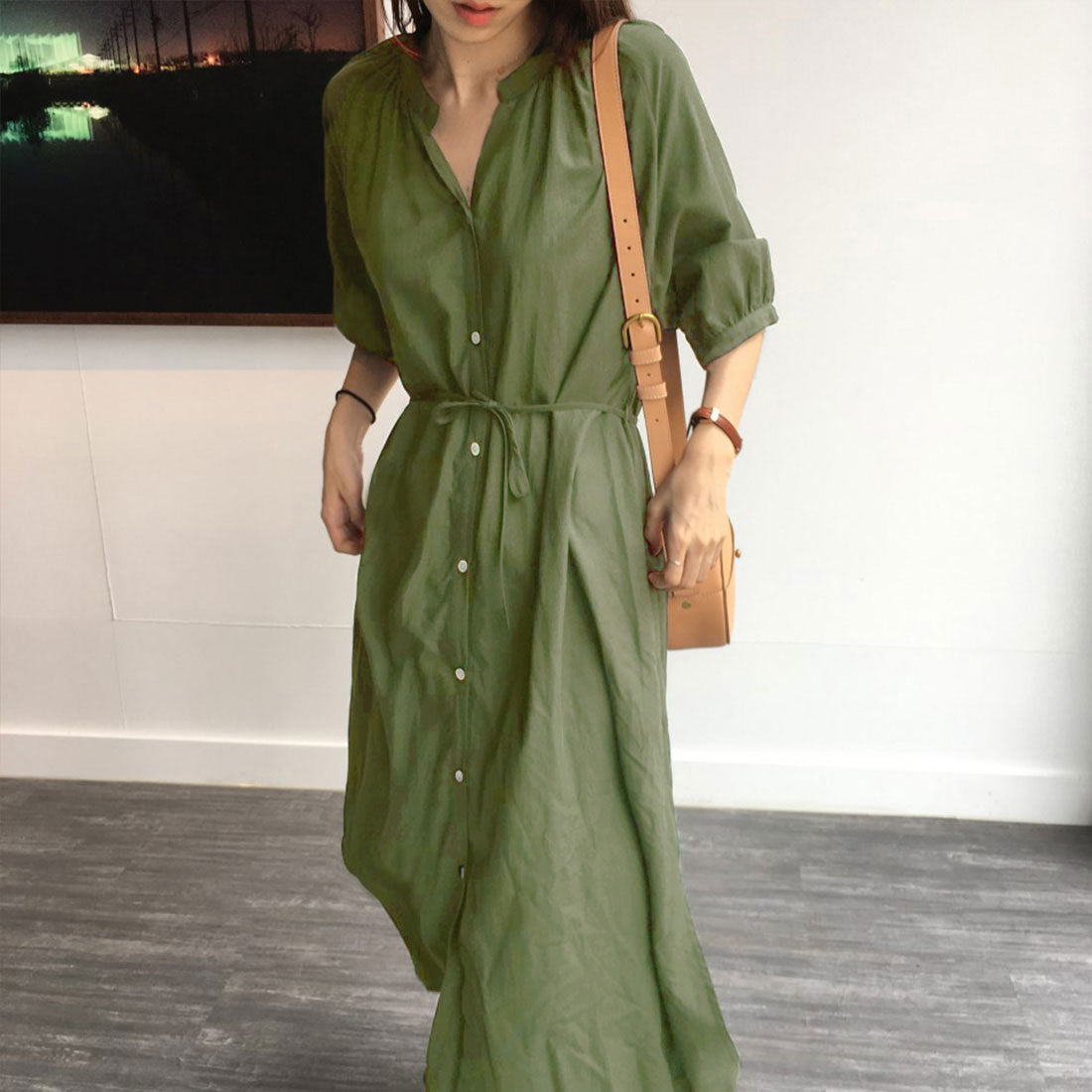 ジュノア JUNOAH スタンドカラーマキシ丈シャツワンピース 韓国ファッション （グリーン） グリーン