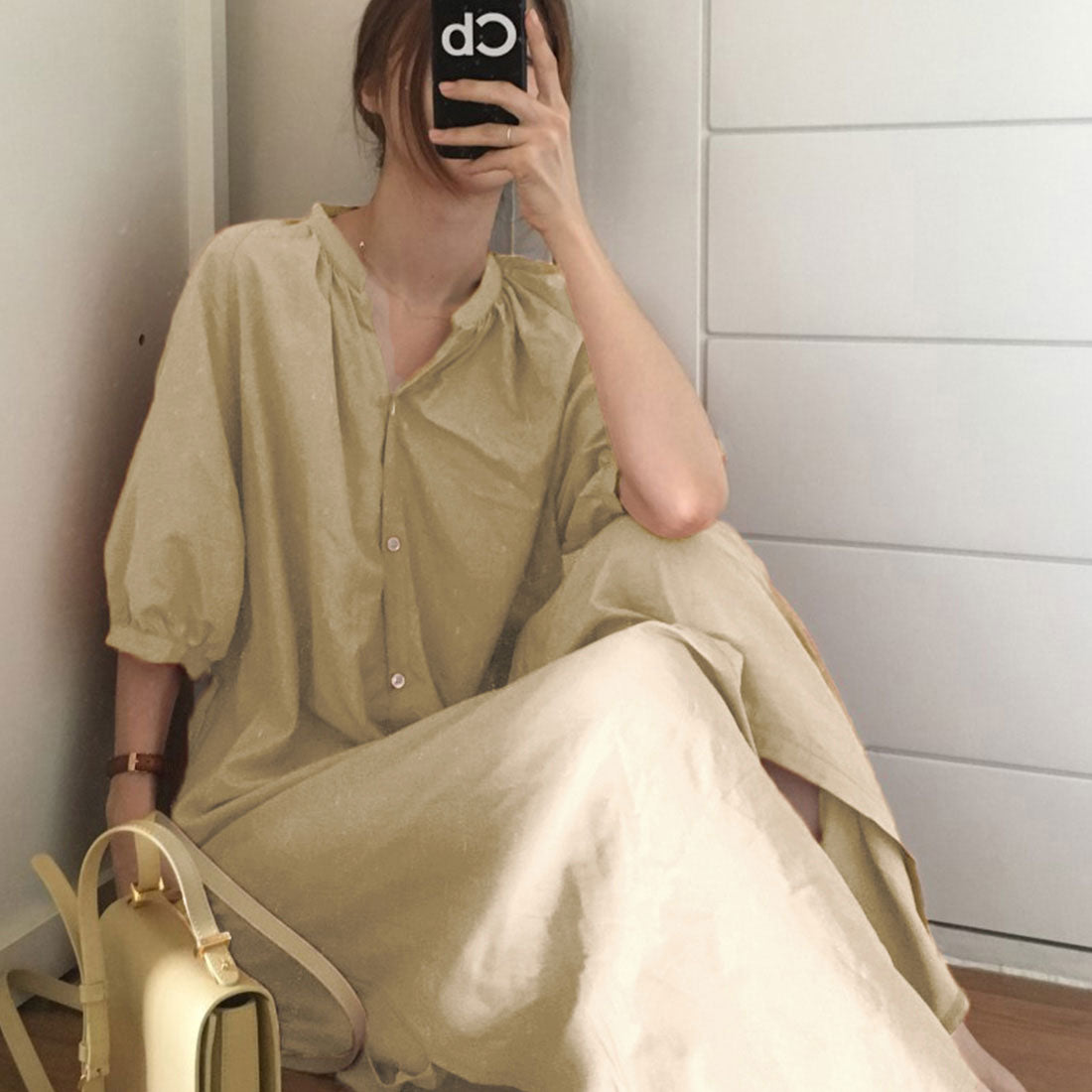 ジュノア JUNOAH スタンドカラーマキシ丈シャツワンピース 韓国ファッション （ベージュ） ベージュ