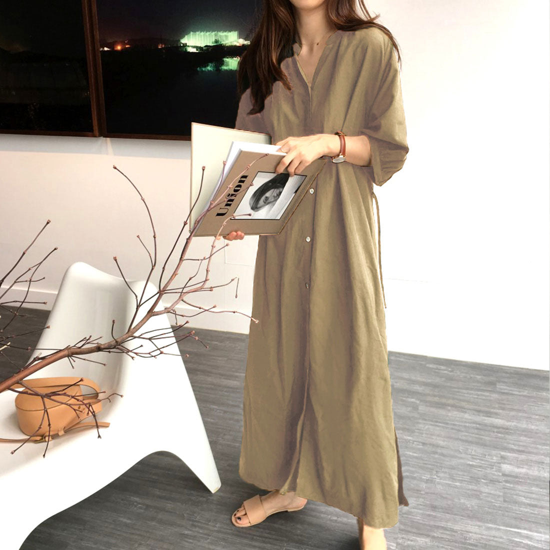 ジュノア JUNOAH スタンドカラーマキシ丈シャツワンピース 韓国ファッション （チャコール） チャコール