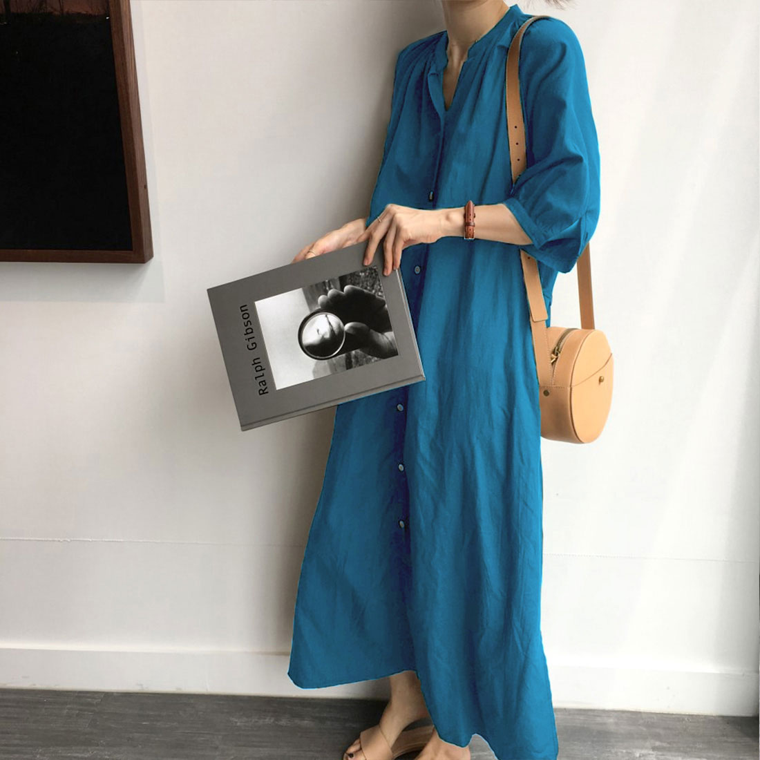ジュノア JUNOAH スタンドカラーマキシ丈シャツワンピース 韓国ファッション