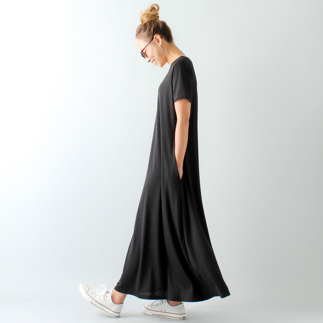 ジュノア JUNOAH Aラインゆったり半袖マキシ丈ワンピース