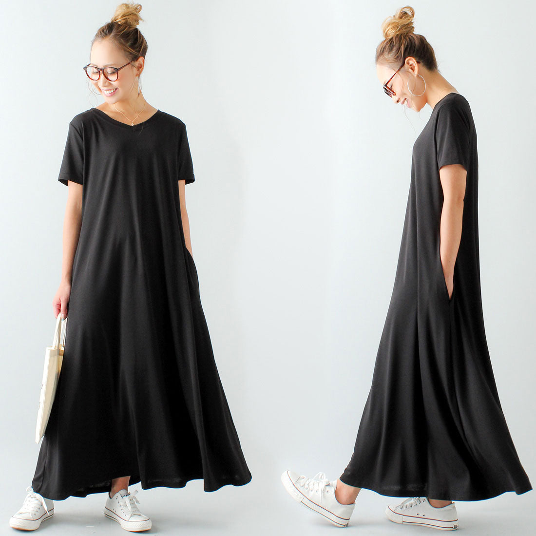 ジュノア JUNOAH Aラインゆったり半袖マキシ丈ワンピース