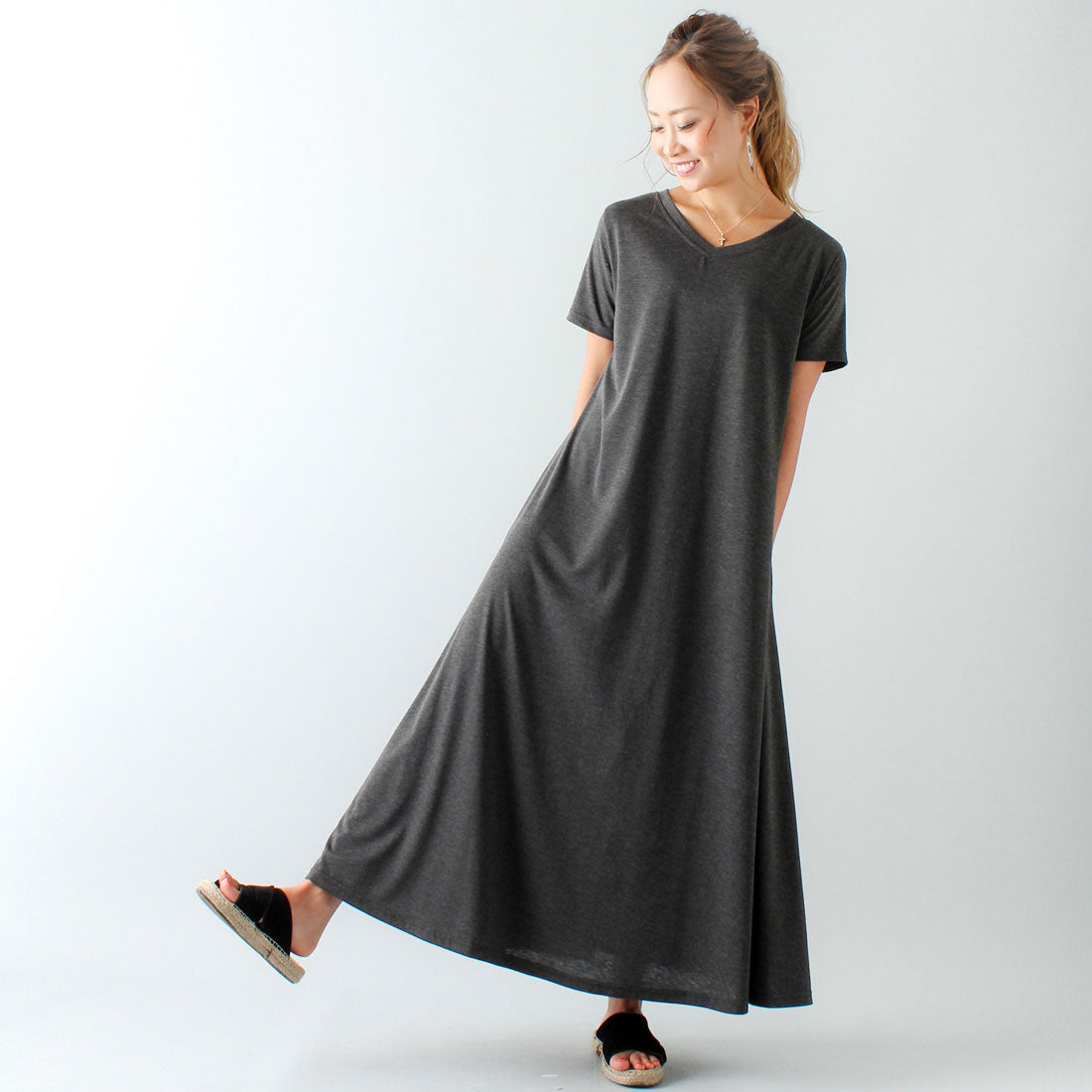 ジュノア JUNOAH Aラインゆったり半袖マキシ丈ワンピース,ダークグレー