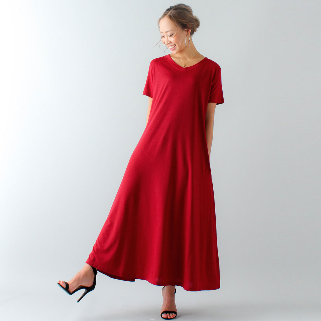 ジュノア JUNOAH Aラインゆったり半袖マキシ丈ワンピース