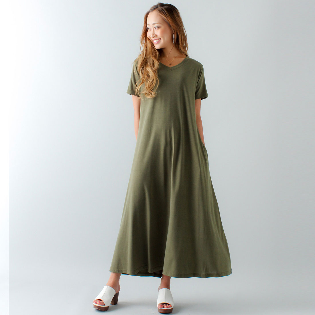 ジュノア JUNOAH Aラインゆったり半袖マキシ丈ワンピース