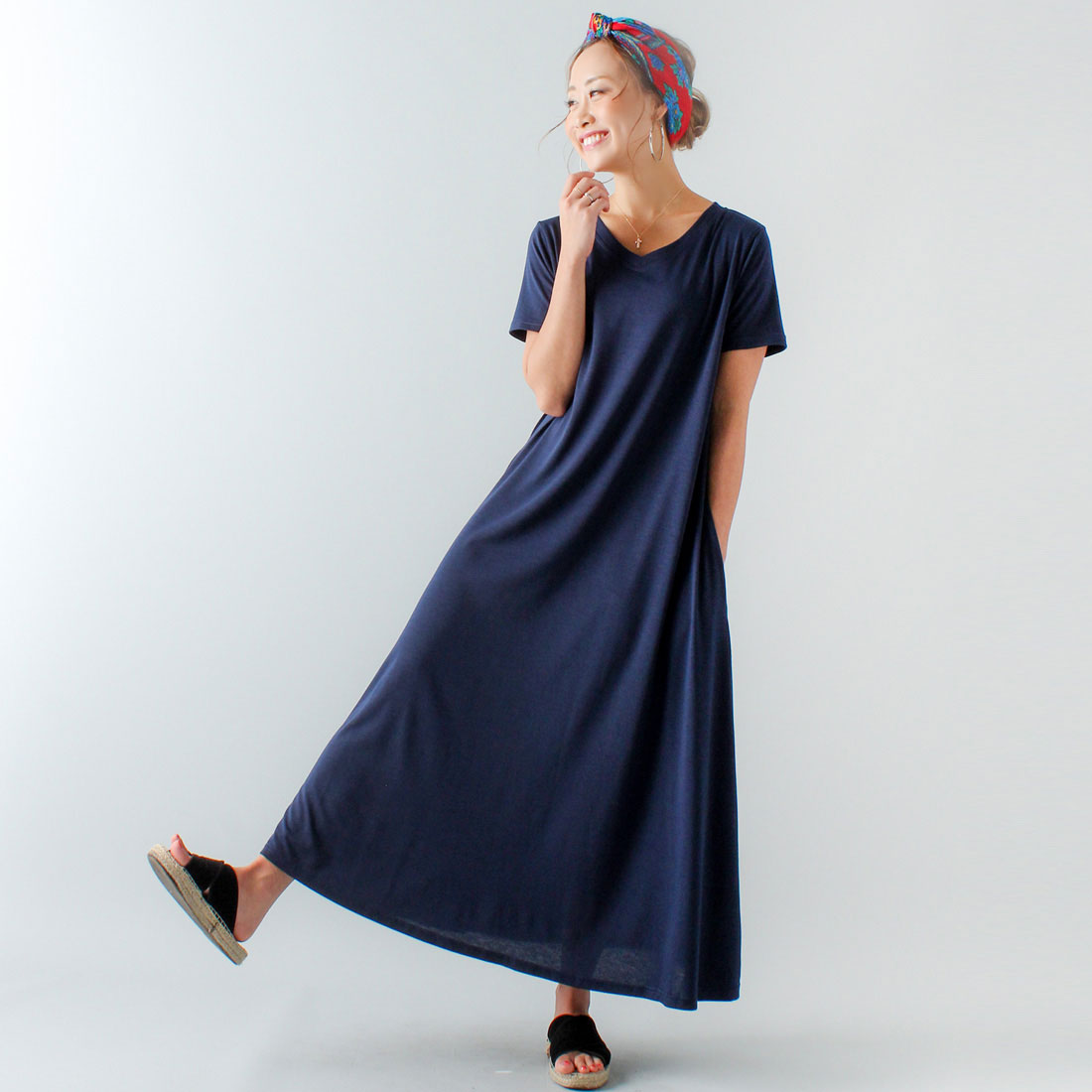 ジュノア JUNOAH Aラインゆったり半袖マキシ丈ワンピース