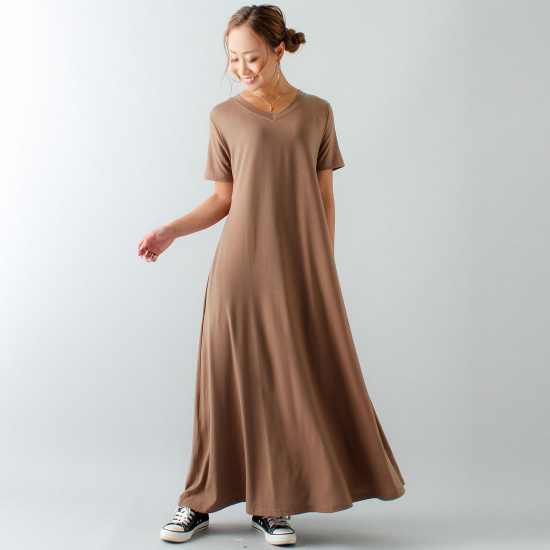 ジュノア JUNOAH Aラインゆったり半袖マキシ丈ワンピース