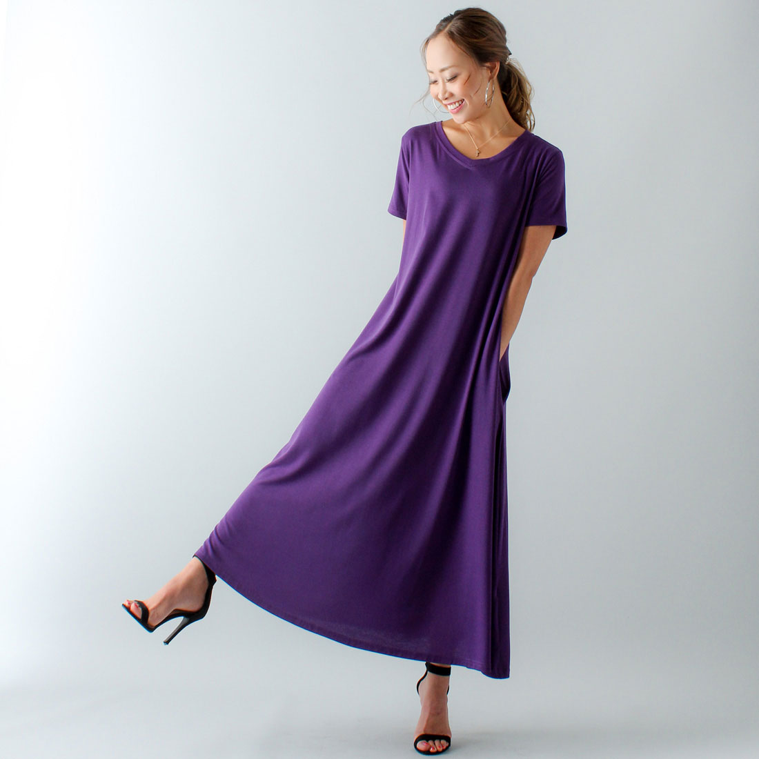 ジュノア JUNOAH Aラインゆったり半袖マキシ丈ワンピース,パープル