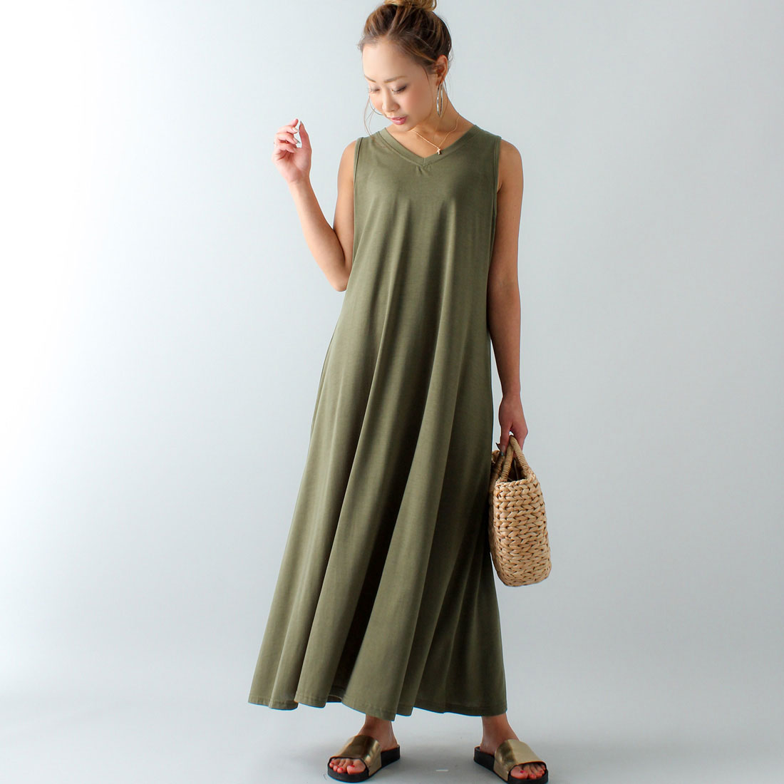 ジュノア JUNOAH Aラインノースリーブマキシ丈ワンピース,グリーン