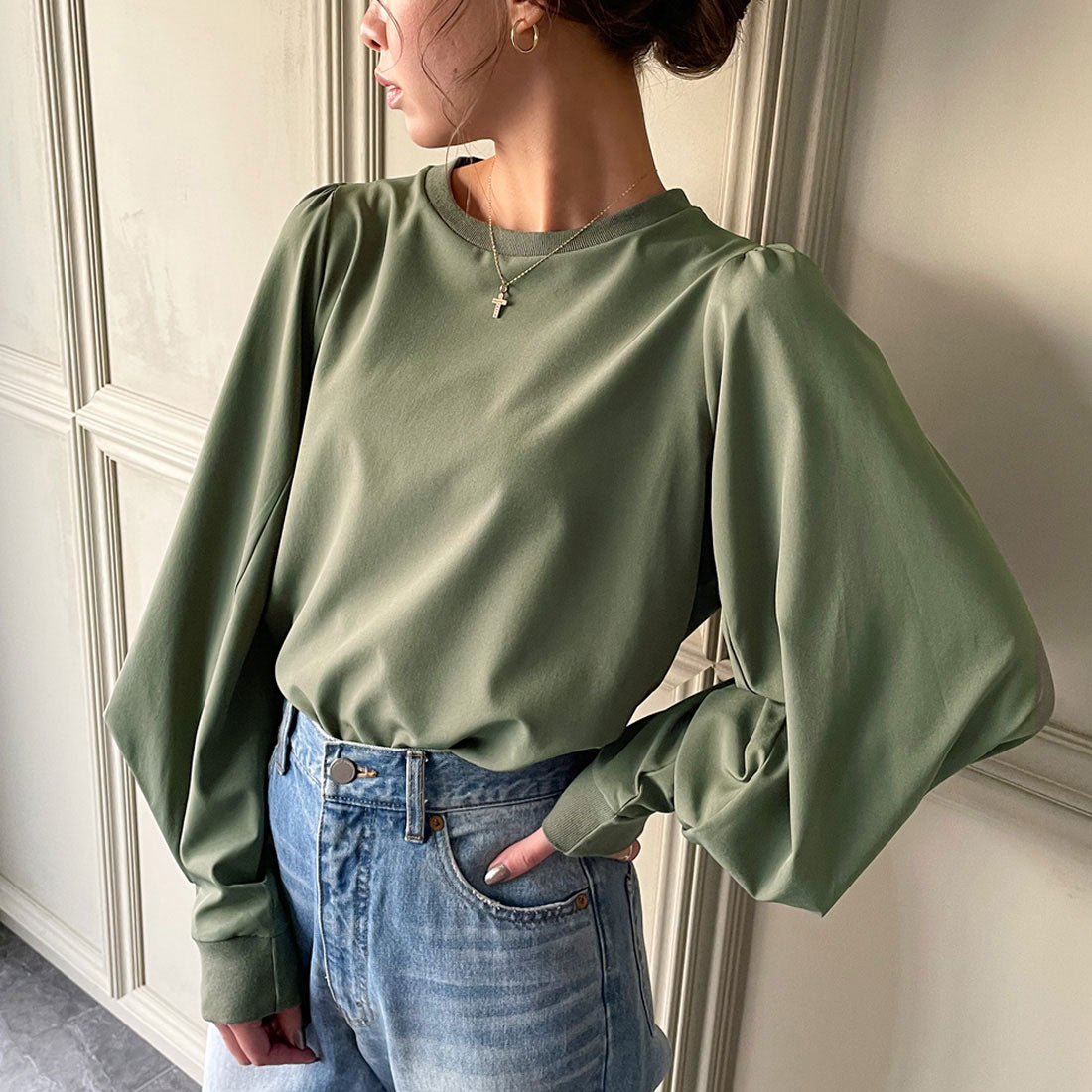 ジュノア JUNOAH パフスリーブボリューム長袖ブラウス （カーキ） カーキ