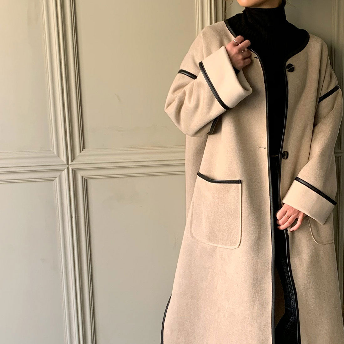 ジュノア JUNOAH ムートンパイピングノーカラーコート,ライトベージュ