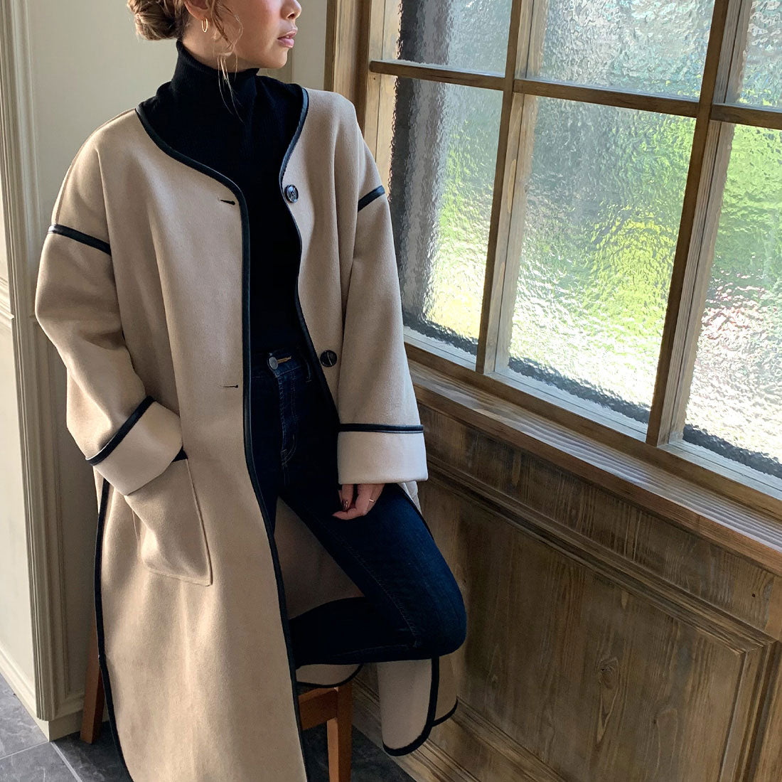 ジュノア JUNOAH ムートンパイピングノーカラーコート