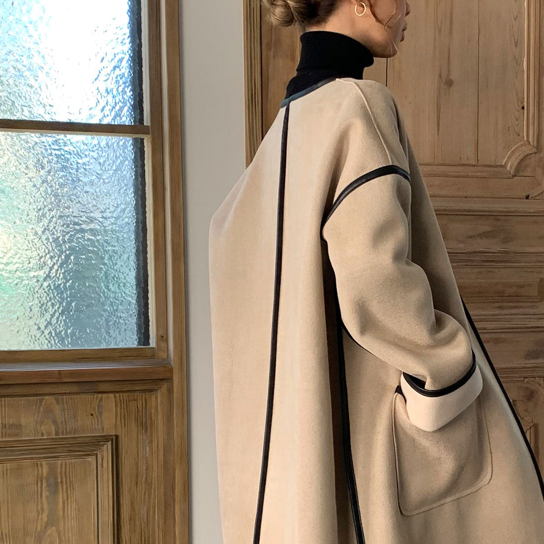 ジュノア JUNOAH ムートンパイピングノーカラーコート