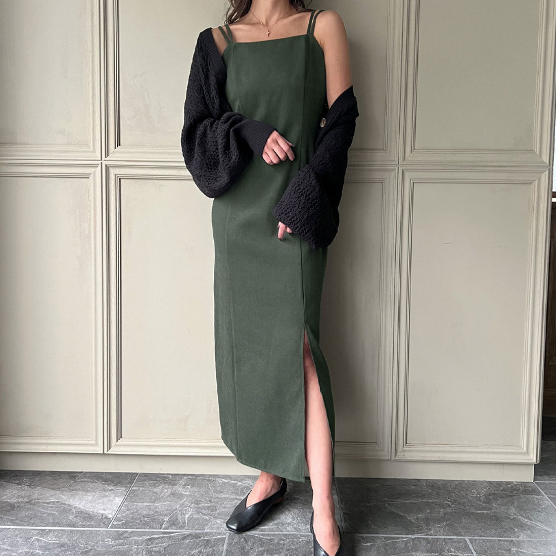 ジュノア JUNOAH ピーチスキンIラインキャミワンピース,ダークグリーン