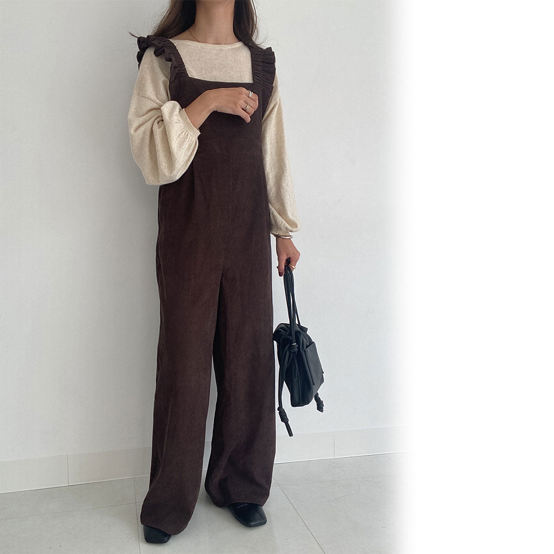 ジュノア JUNOAH コーデュロイフリルサロペット,ココア
