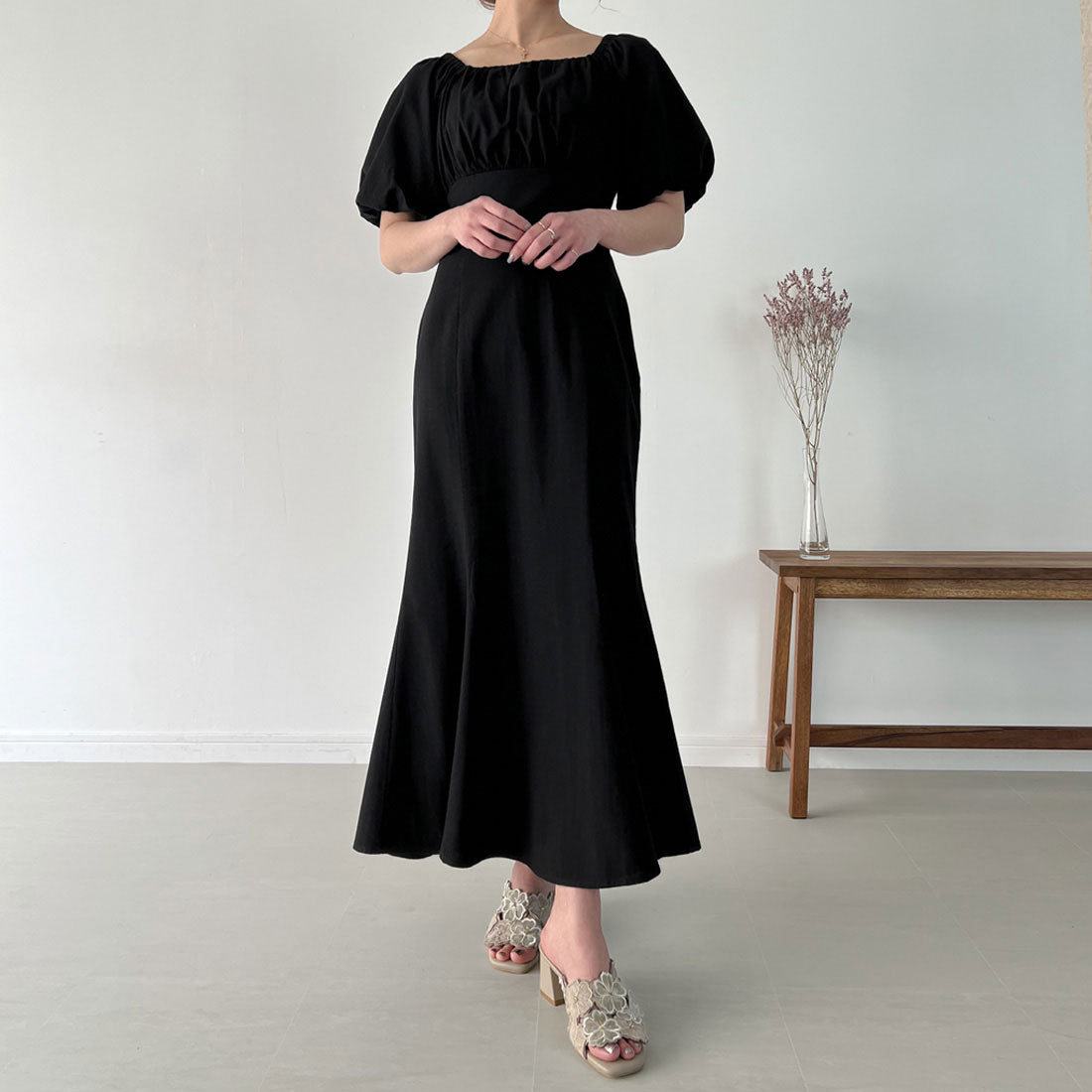 ジュノア JUNOAH リネンライクレースアップマーメイドワンピース,ブラック