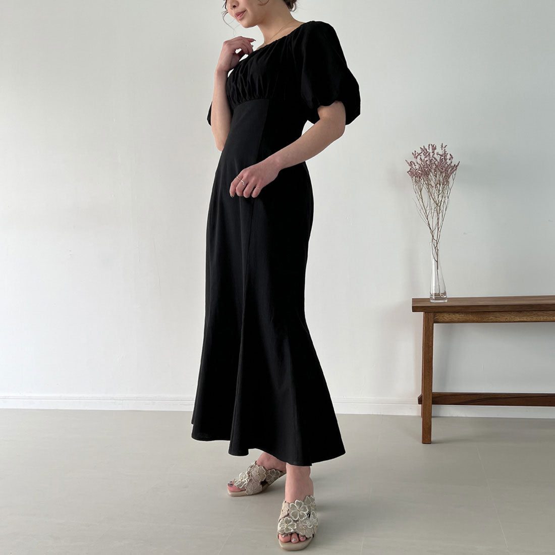 ジュノア JUNOAH リネンライクレースアップマーメイドワンピース