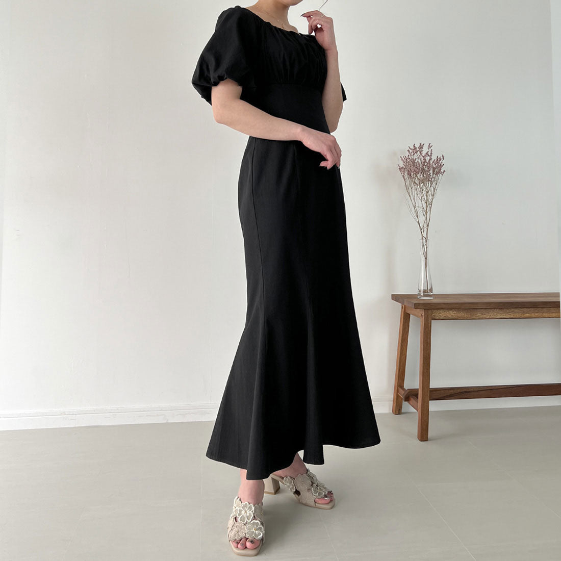 ジュノア JUNOAH リネンライクレースアップマーメイドワンピース