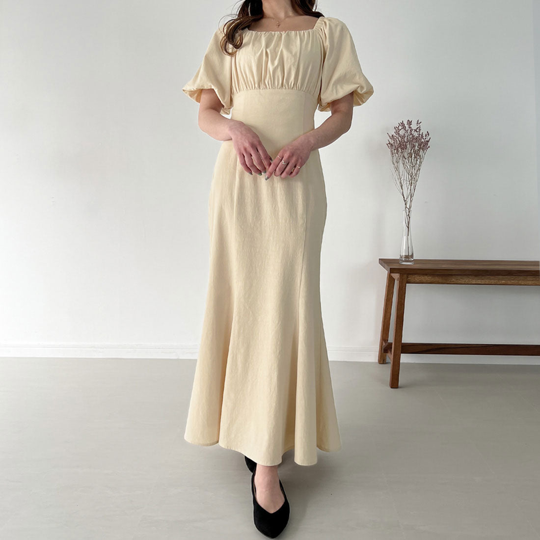 ジュノア JUNOAH リネンライクレースアップマーメイドワンピース,ナチュラル