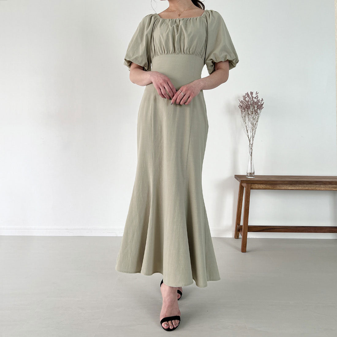 ジュノア JUNOAH リネンライクレースアップマーメイドワンピース,グレー