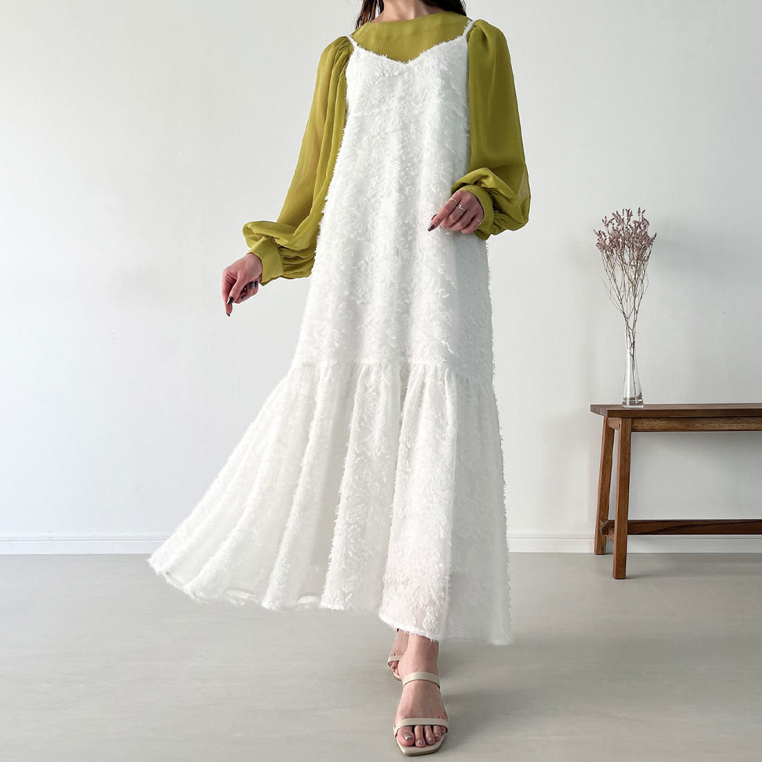 ジュノア JUNOAH シャギージャガードキャミワンピース,ホワイト