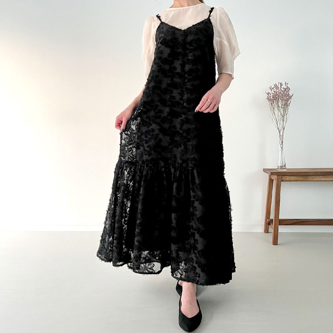 ジュノア JUNOAH シャギージャガードキャミワンピース,ブラック