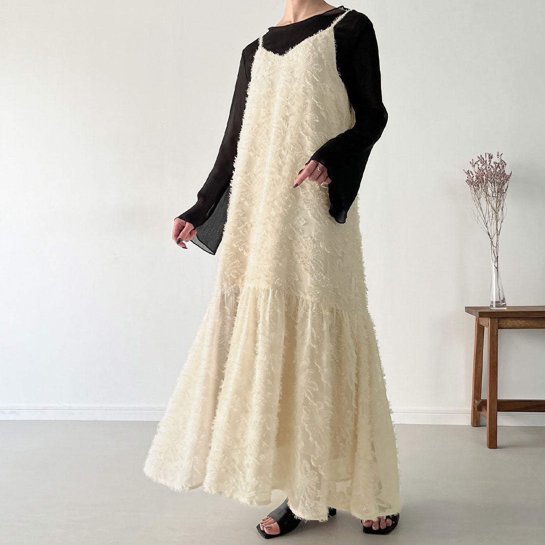 ジュノア JUNOAH シャギージャガードキャミワンピース,アイボリー