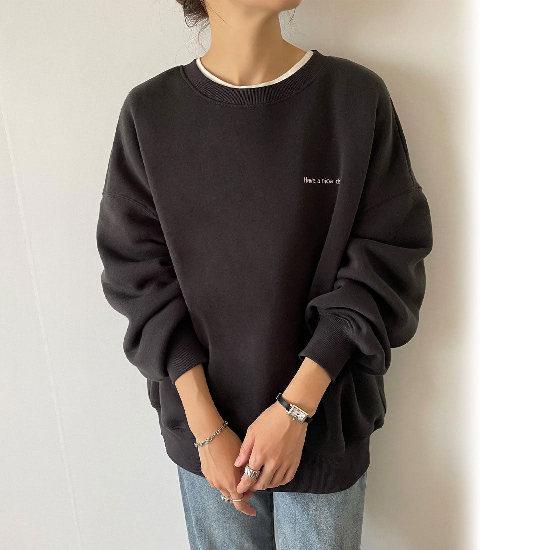 ジュノア JUNOAH ミニロゴ刺繍オーバーサイズスウェット