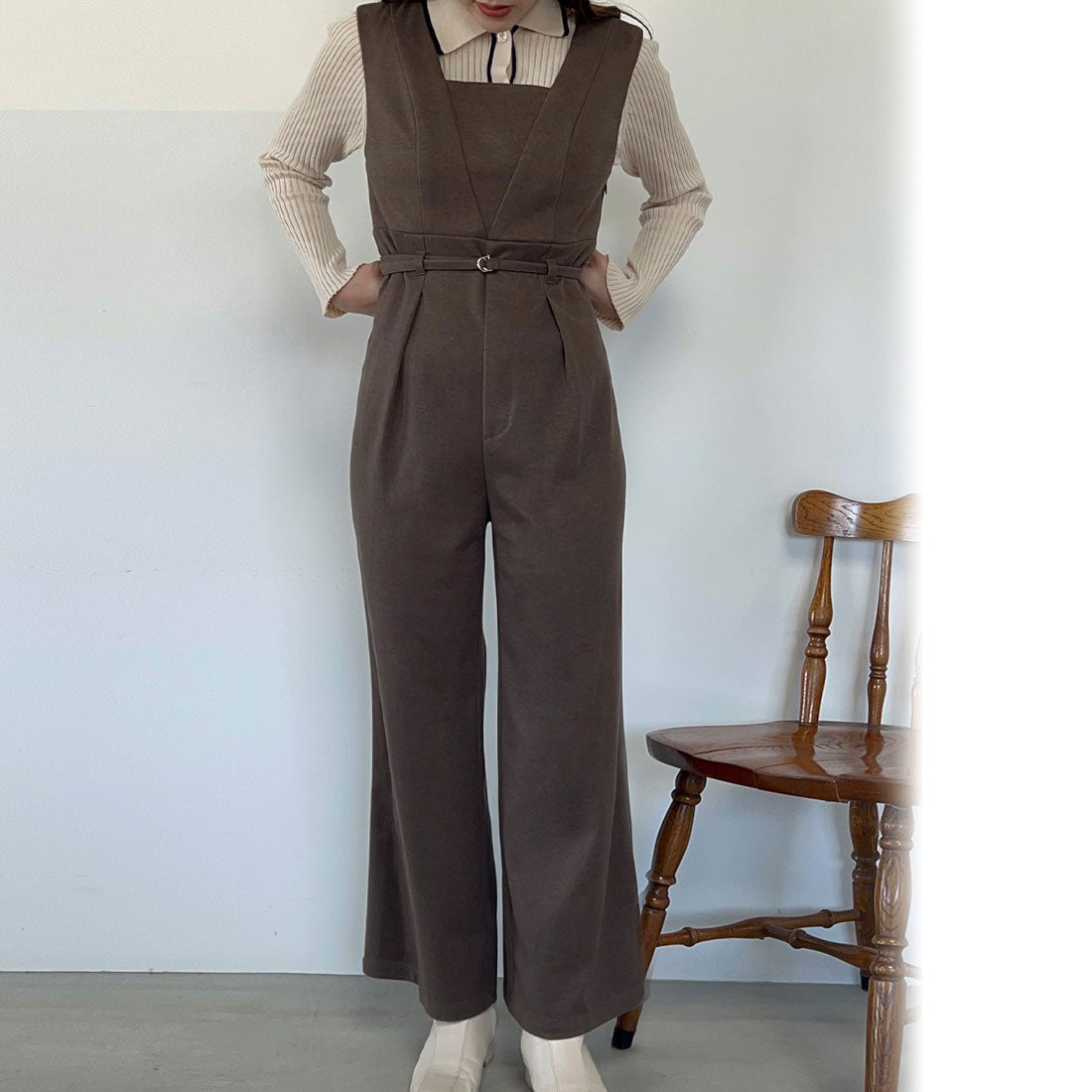 ジュノア JUNOAH Vネックハイウエストベルト付きサロペット