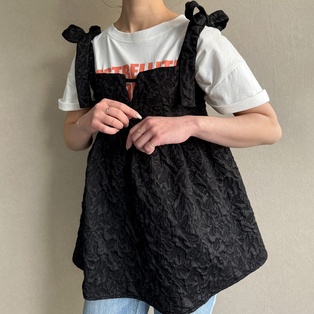 ジュノア JUNOAH 肩リボンジャガードキャミソールビスチェ,ブラック