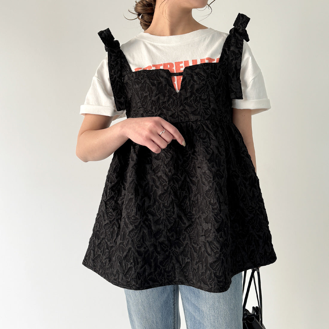 ジュノア JUNOAH 肩リボンジャガードキャミソールビスチェ