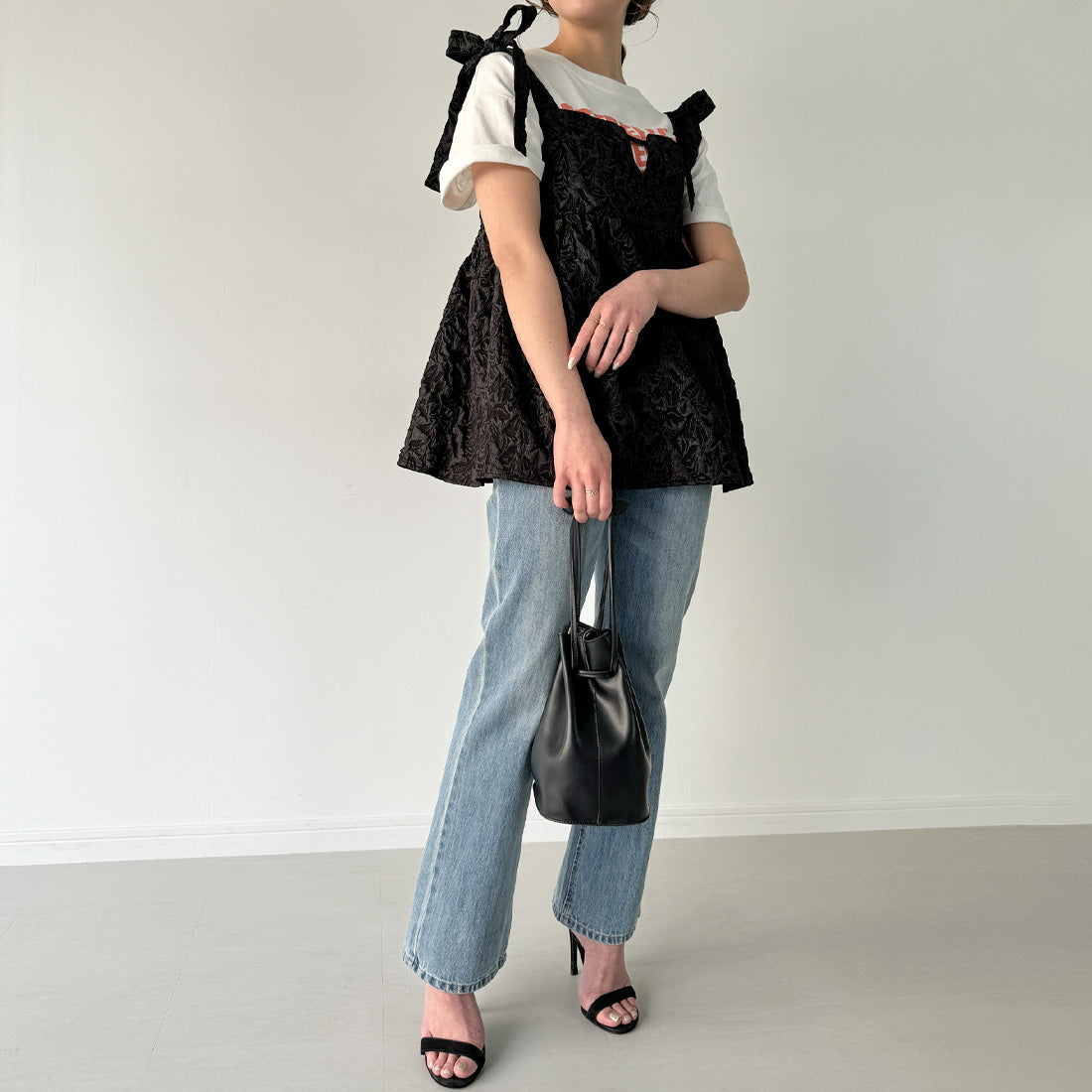 ジュノア JUNOAH 肩リボンジャガードキャミソールビスチェ