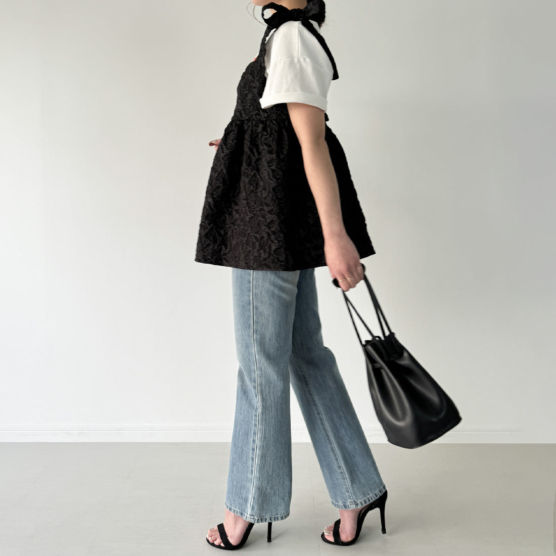 ジュノア JUNOAH 肩リボンジャガードキャミソールビスチェ