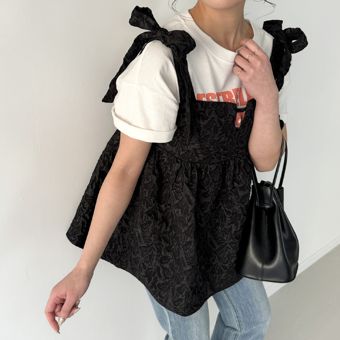 ジュノア JUNOAH 肩リボンジャガードキャミソールビスチェ