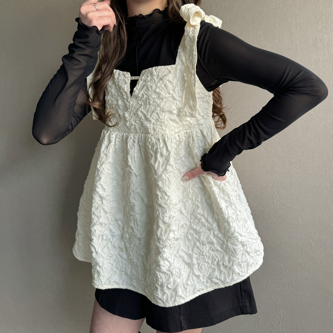 ジュノア JUNOAH 肩リボンジャガードキャミソールビスチェ,アイボリー