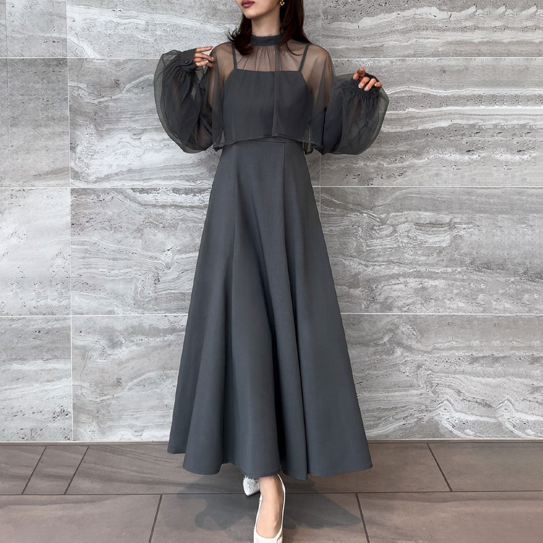 ジュノア JUNOAH チュールボレロ＋フレアキャミワンピース　セット【ペチスカートセット】（ダークグレー） ダークグレー