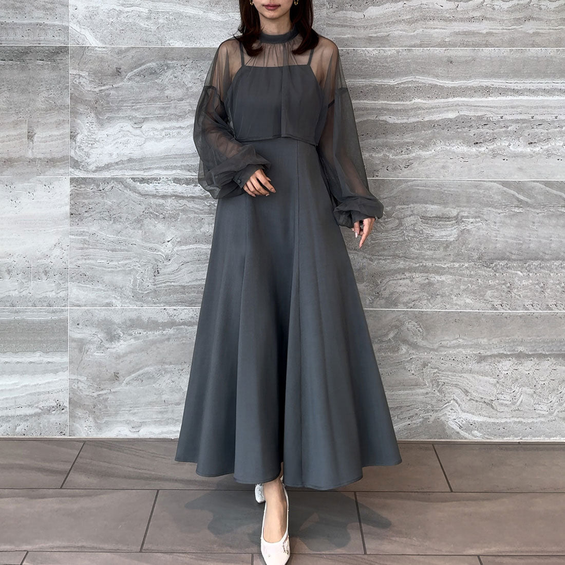 ジュノア JUNOAH チュールボレロ＋フレアキャミワンピース　セット【ペチスカートセット】（ダークグレー） ダークグレー