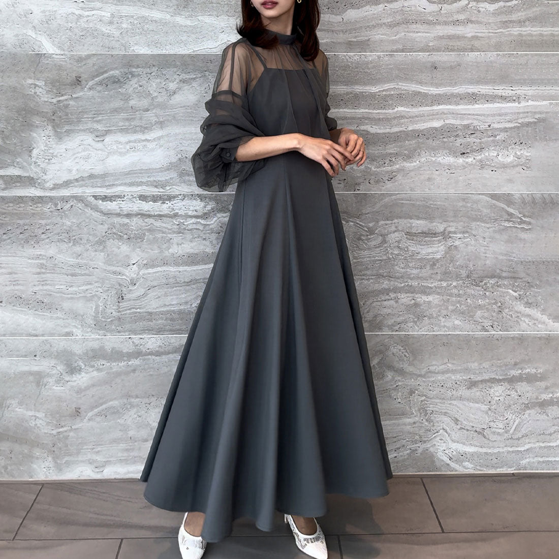 ジュノア JUNOAH チュールボレロ＋フレアキャミワンピース　セット【ペチスカートセット】（ダークグレー） ダークグレー