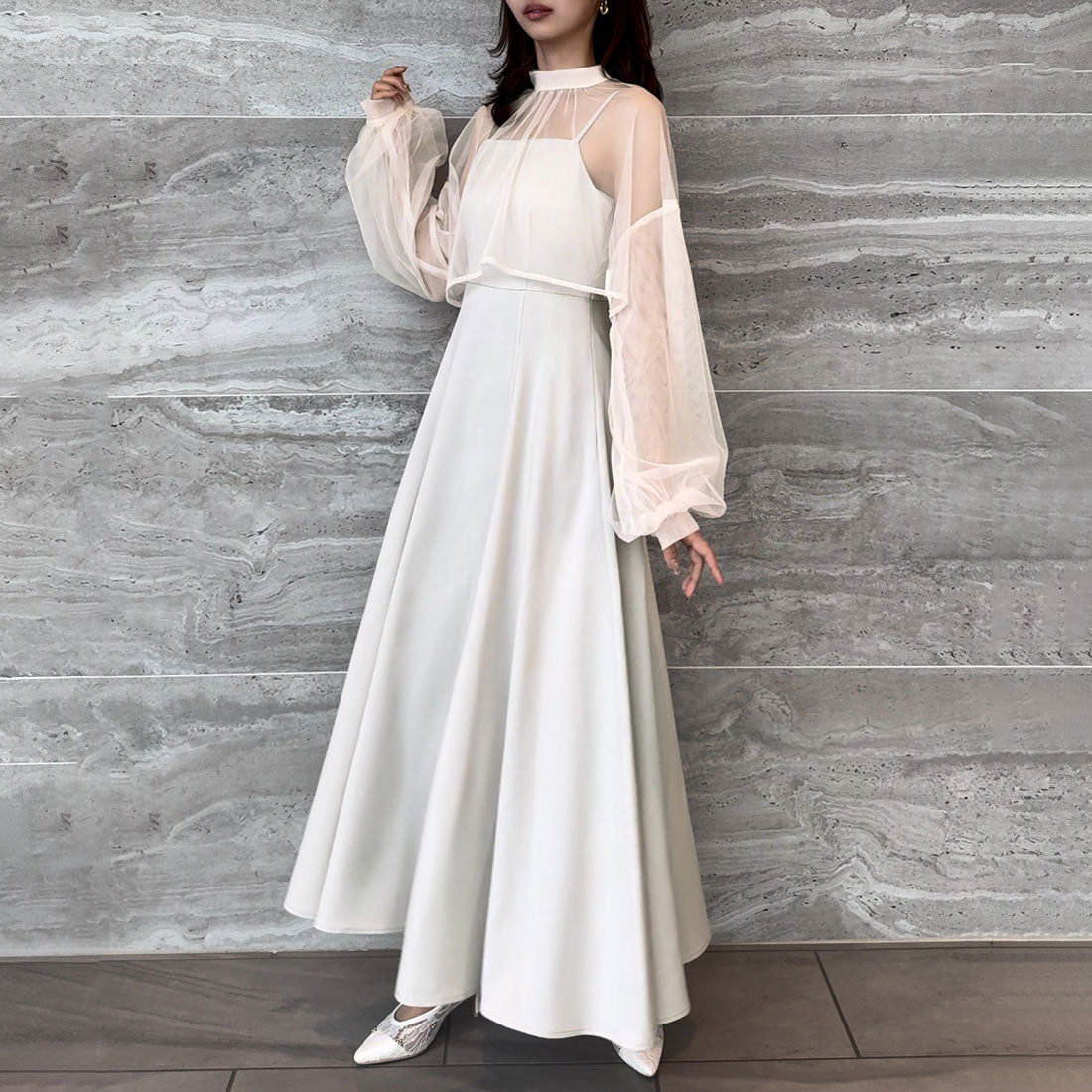 ジュノア JUNOAH チュールボレロ＋フレアキャミワンピース　セット【ペチスカートセット】（アイボリー） アイボリー