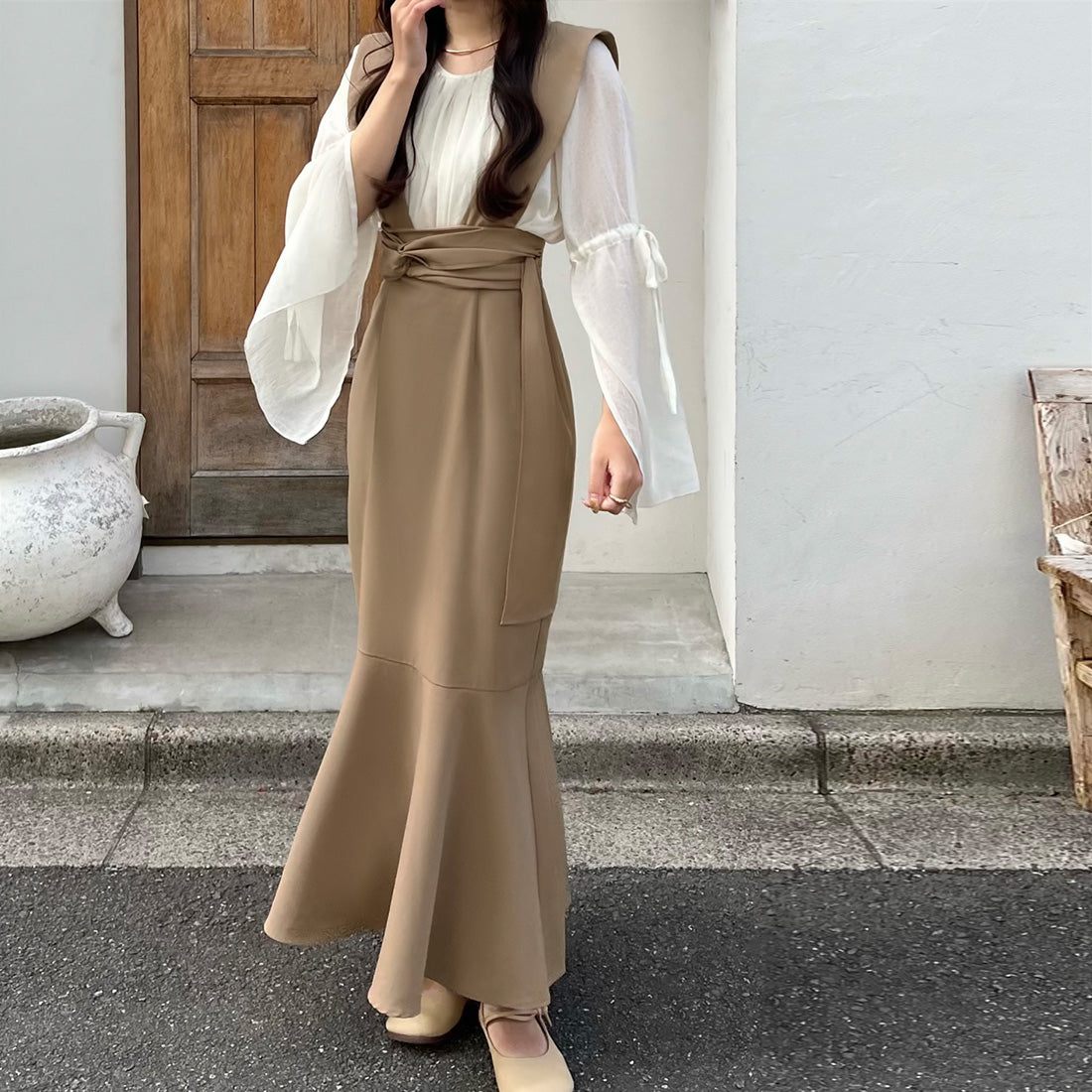 ジュノア JUNOAH ツイストリボンサスペンダーマーメイドスカート,モカ